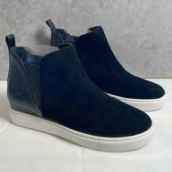 Steve Madden Zaci Wedge Sneaker Boot Black Suede Leather Faux Snakeskin Size 7M - Picture 1 of 13